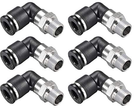 sourcing map Conector Manguera, Racor Neumatico de Codo Enchufable, Tubo de 6mm Diámetro Exterior x 1/8 NPT Macho, Adaptador Manguera Tubo, Enchufe Rapido Neumatico, Negro 6 Piezas