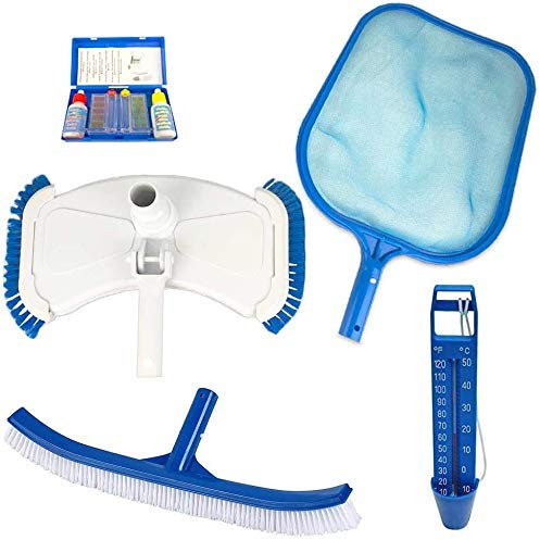 well2wellness Pool Zubehör Set 6 Basic 5-teilig mit Laubkescher, Thermometer, Bodensauger, Beckenbürste + Test-Kit Chlor/pH (P1869BX)