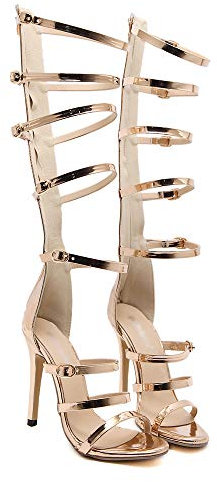 Sandali Con Tacco in Pelle Da Donna, Sandali Con Tacco Alto Gladiatore Oro Estivo Cinturino Con Fibbia Sandalo Romano Sandalo Alto Al Ginocchio Stivale Con Cerniera Scarpe Aperte,D'oro,EU39