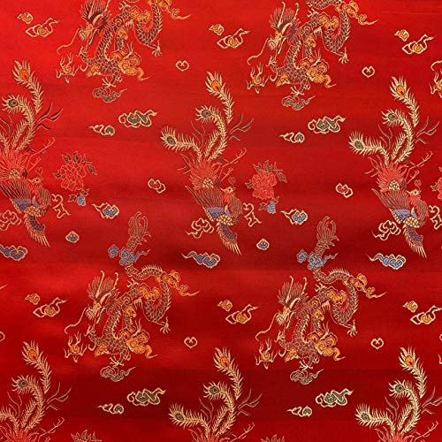 Brokat-Stoff, chinesischer Drache, bestickt, seidig, Satin, orientalisches Bastelmaterial, 90 cm breit, Meterware (rot)