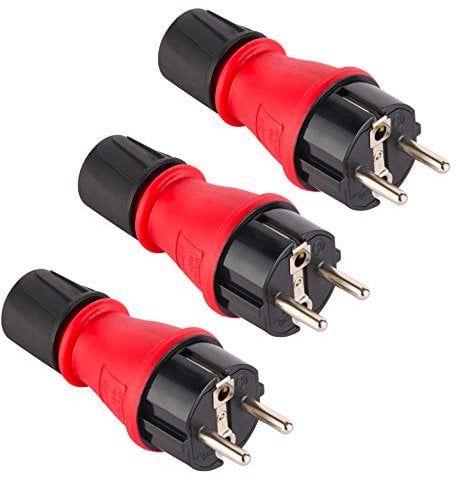 Electraline 92389 Packung mit 3 x Schutzkontakt Stecker IP54, Bimaterial Gummi und Kunststoff, für den Außenbereich, hermetischer Verschluss Siegel, Rot, Confezione da 3