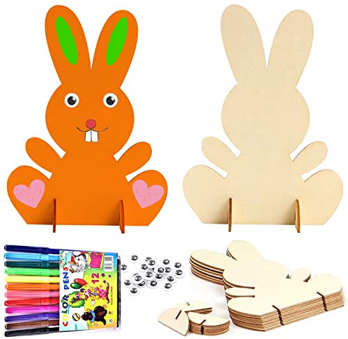 10 Stück Hasen aus Holz zum Bemalen, DIY Osterhase Deko, DIY Bastelzubehör Dekorationen Kunsthandwerk Malaktivitäten für Kinder Bastelset + 24 Stücke Kunststoff Selbstklebend Puppe Augen