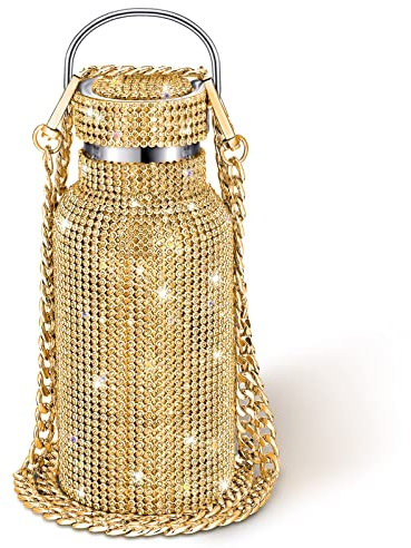 Diamond Water Bottle Bling Rhinestone Stainless Steel Thermal Bottle Refillable Water Bottle Insulated Water Bottle Glitter Water Bottle with Chain for Women Girls Gifts (Gold, 350 ml)