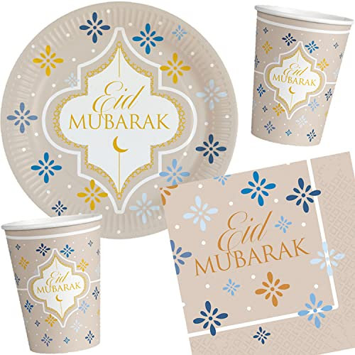 Carpeta 33-teiliges Party Set * EID Ramadan * mit Teller + Becher + Servietten + Deko | Zuckerfest Mubarak Islamisches Fest Fastenbrechen Luftballons