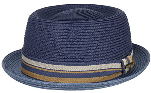 Stetson Licano Toyo Pork Pie Strohhut Herren - Aus 100% Papierstroh - Mit UV-Schutz 40 - Leichter Sommerhut - Mit Hutband & integriertem Sonnenschutz - Sommerhut Frühling/Sommer blau XXL (62-63 cm)