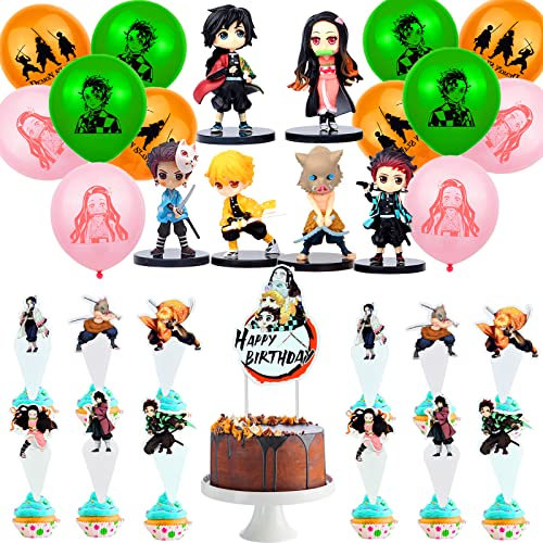 Newtic 31 Stück DemonSlayer Geburtstag Deko,Kuchendecoration DemonSlayer,Figur Spielzeug, DemonSlayer Luftballons,Kinder Geburtstagsfeier Dekoration