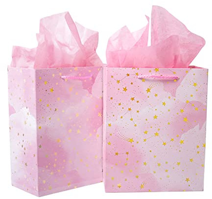 2 Pack Gift Bags with 4Pcs Tissue Papers, Small Medium Gift Bags for Presents, Birthday Gift Bag for Women, Pink