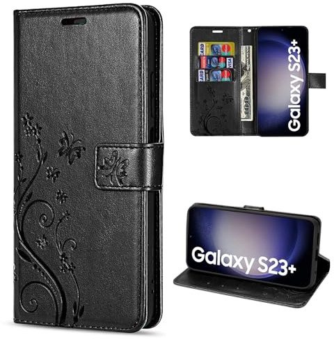 Hülle Kompatibel mit Samsung Galaxy S23+ | Premium PU Leder Handyhülle Wallet Case für Galaxy S23+ | Schutzhülle Blumen Klapphülle Handyhülle | Schwarz