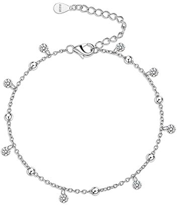Finrezio Bracelet Cheville Argent Sterling 925 pour Femmes Chaîne Perlée Mauvais Œil Bracelet Cheville Argent Réglable Bracelet Cheville Plage d'Été Bijoux Pied