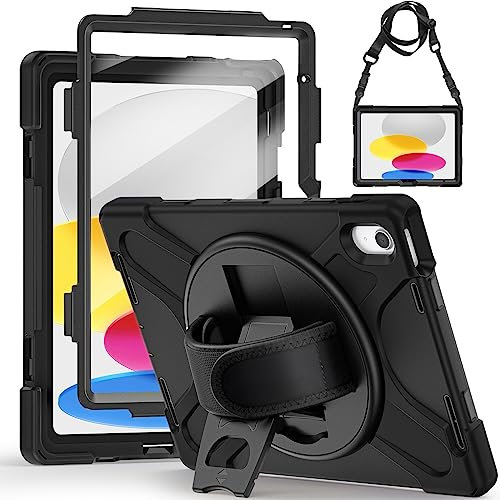 Gerutek Funda Anticaída para iPad 11ª Gen 2025 A16 / iPad 10 Gen 2022 (11/10,9 Pulgadas), Funda Resistente con Protector de Pantalla, Soporte 360° Giratorio, Correa de Mano/Hombro, Portalápiz, Negro