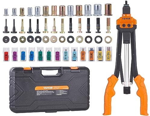 VEVOR Rivettatrice Manuale per Dadi, Pinza per Inserti Filettati da 41 cm con 13 Mandrini, 186 Dadi in 13 Misure, Strumento per Rivettatura Semiautomatica con Valigetta per Automobilistico Fai-da-te