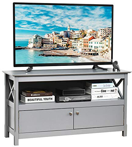 COSTWAY TV Stand Cabinet for TVs up to 50 Inches, Modern Wooden Entertainment Center with Storage Shelf and Double Door, Television Unit Console Table for Living Room Bedroom (Grey)