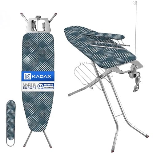 KADAX Asse da Stiro Salvaspazio con Stiramaniche, Portaferro, Presa Elettrica e Scaffale, Tavola da Stiro Pieghevole con Altezza Regolabile (Blu Scuro)