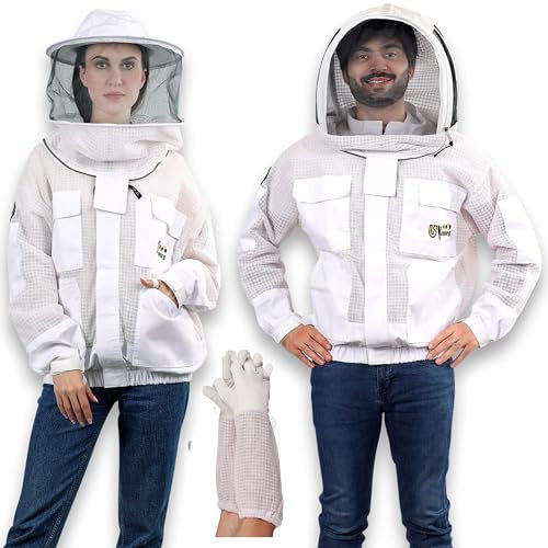 USKEEPERS 3 Layer Ventilated Bee Jacket for Men & Women, Premium Beekeeping Jacket with Gloves & Two Beekeeper Veils. (White J/M)