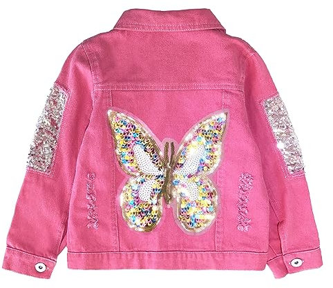 Peacolate 3-10Years Big Girl Pink Denim Jacket Butterfly Sequins Outwear(9-10Years,Pink)