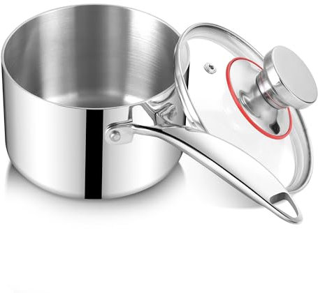 Joyfair Stielkasserolle, 18cm Premium 3-Lagiger Edelstahl Milchtopf Induktion mit Deckel, 2,5 Liter Kochtopf mit Langer Griff, Klein Töpfe für alle Herdarten, Unbeschichtet & Spülmaschinenfest