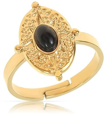 Made by Nami Goldener Boho Edelstahl Ring mit goldenem Plättchen und schwarzem Edelstein Damen Schmuck Größenverstellbar & Wasserfest Geschenke Damen (Schwarz)