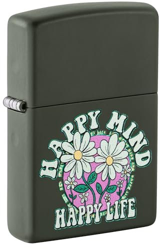 Zippo Sturmfeuerzeug - Happy Mind Happy Life - Green Matte Finish mit Color Image - Nachfüllbar - Wiederverwendbar - Windfestes Design - Geschenkbox - Made in USA