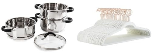 Tower T80836 Essentials Induction Steamer Pans 3 Tier with Glass Lid, Silicone Handles & Amazon Basics Slim Velvet Non-Slip Suit Hangers, Ivory/Rose Gold - 50-Pack