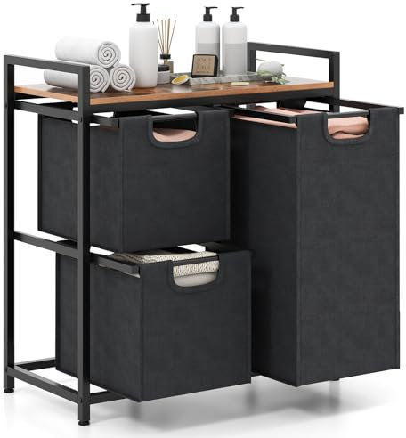 LIFEZEAL Wäschekorb mit Ablage, Wäschebox mit 2/3 abnehmbaren Stofftasche, Wäschesammler aus Oxford-Gewebe, Wäschesack für Waschküche, Badezimmer, Vintagebraun+Schwarz (65,5 x 33 x 72 cm)