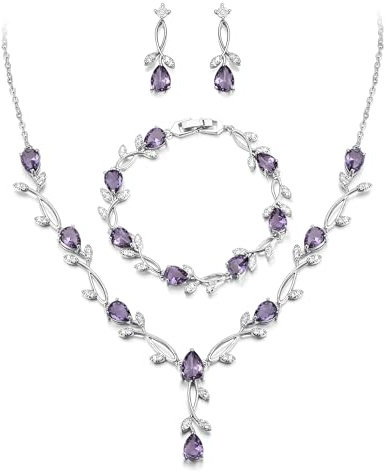 EVER FAITH Hochzeit Schmuck Set für Braut Brautjungfer, Lila Silber-Ton Teardrop Cubic Zirkonia Blatt Rebe Prom Halskette baumeln Ohrringe Armband für Damen