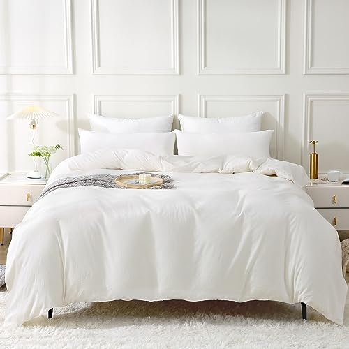 SOULFUL Housse de Couette 200x200 Coton, Blanc Laiteux Ensembles de Housse de Couette avec Fermeture Éclair, 100% Coton Lavé, Texture Lin, Parure de Lit 200x200 Coton avec 2 Taie d'oreiller 65x65 cm