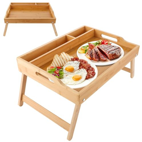 CYEER 2 tavolini da letto in bambù, 41,5 x 30 x 20,5 cm, pieghevole, per la colazione, vassoio per letto, vassoio per la colazione a letto