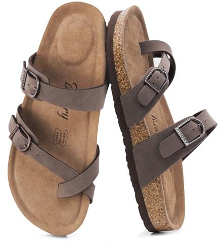 FITORY Women's Slide Sandals with Soft Cork Footbed, Comfort Arch Support Flat Sandals for Summer Brownish Yellow Size 5