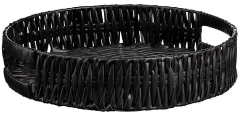 FAHAAM Decorative Black Woven Tray, Round Wicker Serving Tray, Round Woven Serving Tray with Handle, Display Tray, Woven Wicker Serving Basket, Desktop Organiser Tray for Drinks, Breakfast, Coffee.