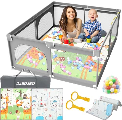 DJEDJEO Großer Kinder Laufstall mit Reißverschlusstür, Atmungsaktivem Netz und Rutschfester Basis - 180x150cm mit Matratze und 50 Bällebad für Baby