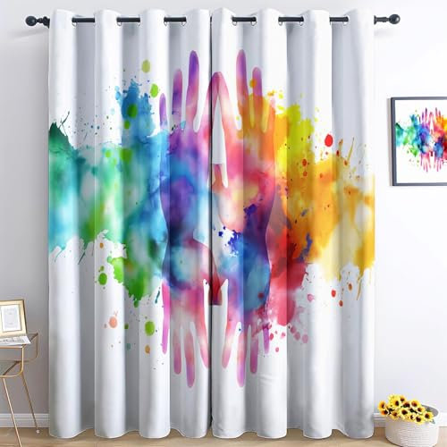 Vorhang Abstrakter Aquarell-Handabdruck dekorative Vorhänge H166 x B75 cm (2er Pack) Bunt Schlafzimmervorhänge Muster Gardinen Mit Ösen geeignet für Balkon Schlafzimmer