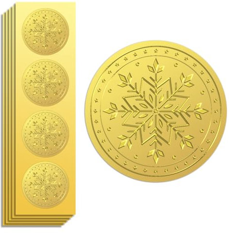 Peacoblue Goldfolien-Aufkleber, Siegel, geprägte Schneeflocken, 5cm 100 Stück, für Kartendekoration, Umschlagsiegel, Familienfeier-Einladung, selbstklebende goldfarbene rundum