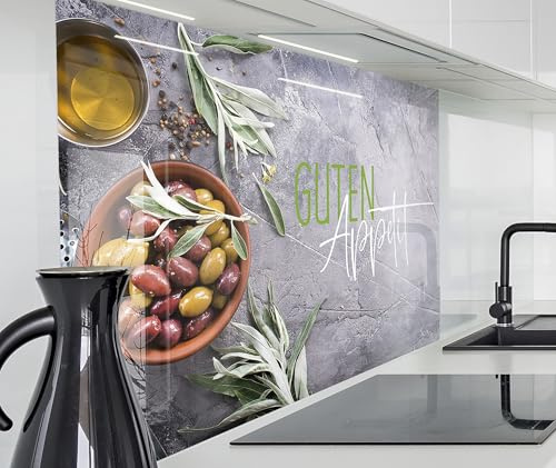 timalo Herd Spritzschutz Wand Spüle, Küche Küchenrückwand Glasoptik | Acryl Glas 2mm | Glasrückwand Acrylglas Küchenpaneele Rückwandschutz Platte | 80x50cm Oliven Guten Appetit