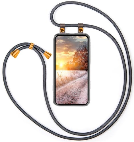 moex Handykette für Samsung Galaxy S24 FE Hülle mit Band abnehmbar, Handyhülle mit Kette zum Umhängen, Handyband 155 cm lang Stoff Kordel Umhängehülle, Handy Umhängeband, Anthrazit
