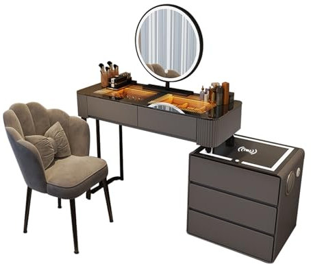 yalmond Dressing Table Set Wireless Charging Station and Bluetooth Speaker, Backrest Stool Glass Tables Top for Women Family Bedroom (100cm)
