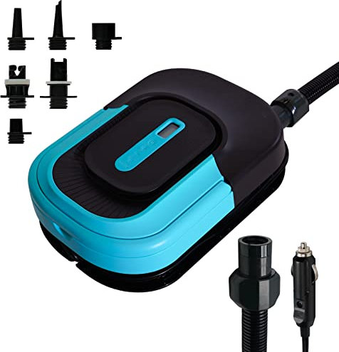 FunWater SUP Elektrische Pumpe mit 6 Ventilköpfen, Tragbare Automatische Pumpe, 20 PSI, 12V DC Anschluss SUP Pump für Paddleboard, Zelt, Boot, Pool – 6 Düsen für Vielseitigen Einsatz