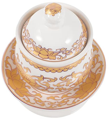 OKUMEYR Keramik Wasseropferbecher mit Deckel und Tablett Dekorativer Buddhistischer Tempelbecher Tragbar und Multifunktional Eleganter Lotusbecher für Haus und Tempel