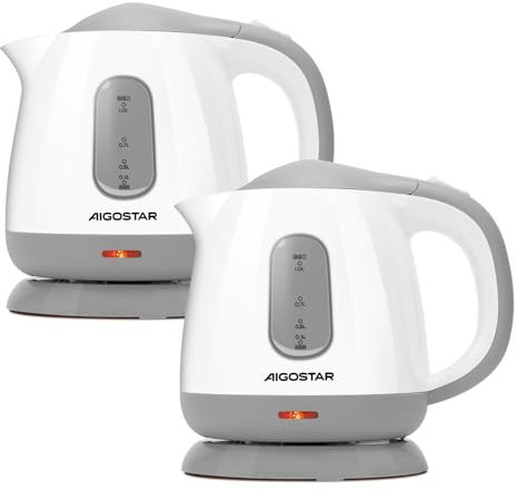 Aigostar Juliet - Hervidor de Agua Compacto de 1 Litro, 1100W, Hervidor Pequeño, Indicador de Doble Nivel de Agua, Filtro Antical Desmontable, Base 360º,Libre de Bpa, Plástico, Gris y Blanco, 2 Pack