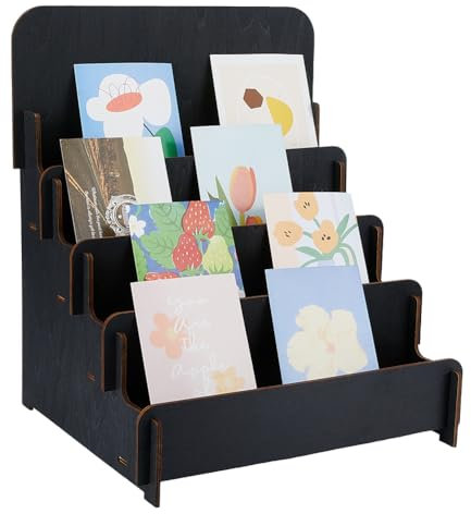 SUPERFINDINGS 4-stufiger Holz Displayständer für Grußkarten, Broschüren & Zeitschriften - Schwarz, 30x26.5x35.3cm