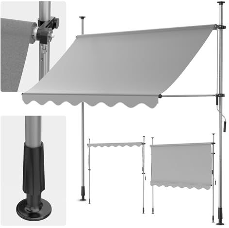 Markise Terrasse Klemmmarkise mit Handkurbel, 2m Balkonmarkise Ohne Bohren, UV-beständig Höhenverstellbar Wasserdicht, Sonnenschutz für Garten Veranda, Einfache Montage, Hellgrau