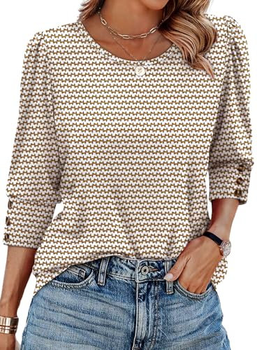 Aokosor Ladies Tops for Womens 3/4 Sleeve Tops Ladies Blouses Crew Neck Puff Sleeve Tunic Fashion T Shirt Button Sleeve Brown Stripe Size 10-12