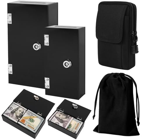 Lot de 2 grandes et petites caisses à monnaie en acrylique noir pour joueur, banque de gagnants avec clés, fente, sac de rangement, sac de taille, organiseur portable pour casino et argent - Boîte de
