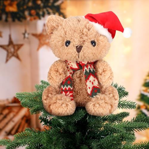 Gejoy 9 H Christmas Tree Topper Bear Decoration Plush Stuffed Bear Wearing Santa Ornaments for Christmas Halloween Holiday Festive Home Decoration