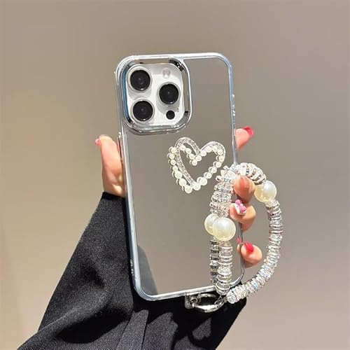 BEENTRYS Mirror Case for iPhone 12 Pro Max Cover,Heart Design Bling Pearl Women Girls Aesthetic TPU Bumper Anti-Drop Shockproof Protective Phone Case with Bracelet-AX