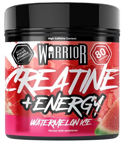 Warrior Creatine Plus Energy 360g Pre Workout Drink Mix with Caffeine | 3g Creatine, Caffeine & B Vitamins, 80 Servings, Energy, Focus, Strength & Recovery, Pre Workout (Watermelon Ice)