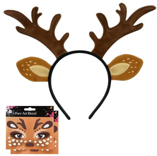 ZaoGoin Reh Kostüm Damen – Weihnachts Reh Haarreif mit Geweih & Reh Ohren + 2× Diamant Gesichtstattoos – Rentier Haarreif Damen für Weihnachten, Karneval, Fasching & Halloween Deer Costume
