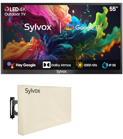 SYLVOX 55 TV da Esterno con Copertura, QLED 4K UHD 2000Nits, Smart Google Outdoor TV - IP55 Impermeabile, Dolby Audio, WiFi e Assistente, Bluetooth, DVB (Pool Pro 2.0 QLED)