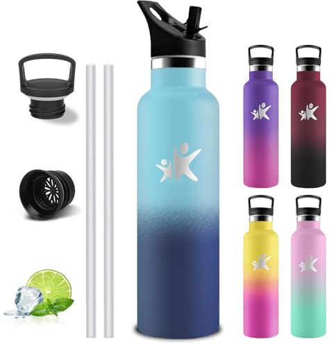 Trinkflasche Edelstahl, Sport Trinkflasche 1 liter, Thermosflasche Mit 2 Deckeln, Doppelwandige Vakuumisolierte, Sporttrinkflaschen 1l Auslaufsicher, Wasserflasche für Reisen, Wandern, Fitness, Gym