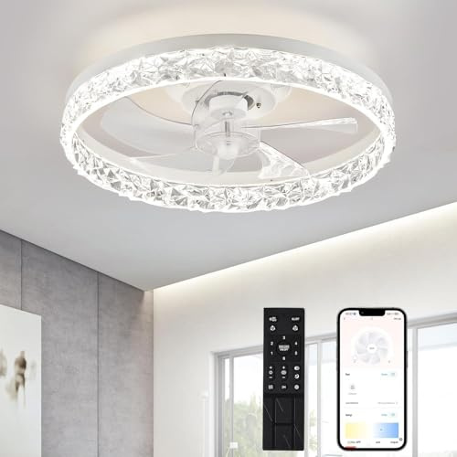 Ventilador de Techo con Luz LED 40W, 50cm Plafón Ventilador Silencioso con Mando a Distancia y Control de Pared, 4320LM Brillo Regulable, 6 Velocidades, Memoria Inteligente, para (Diamante blanco)