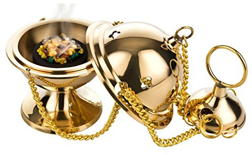 WEIHRAUCHGEFÄSS aus Messing goldfarben 6 x 10 cm mit Kette, WEIHRAUCH-Set Gods Heaven mit Mischung & Kohle, SCHWENKRÄUCHERER, Handarbeit aus Indien